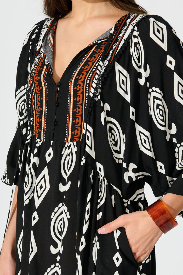 Otra Smock Dress in Black with Multi Boho Print detail