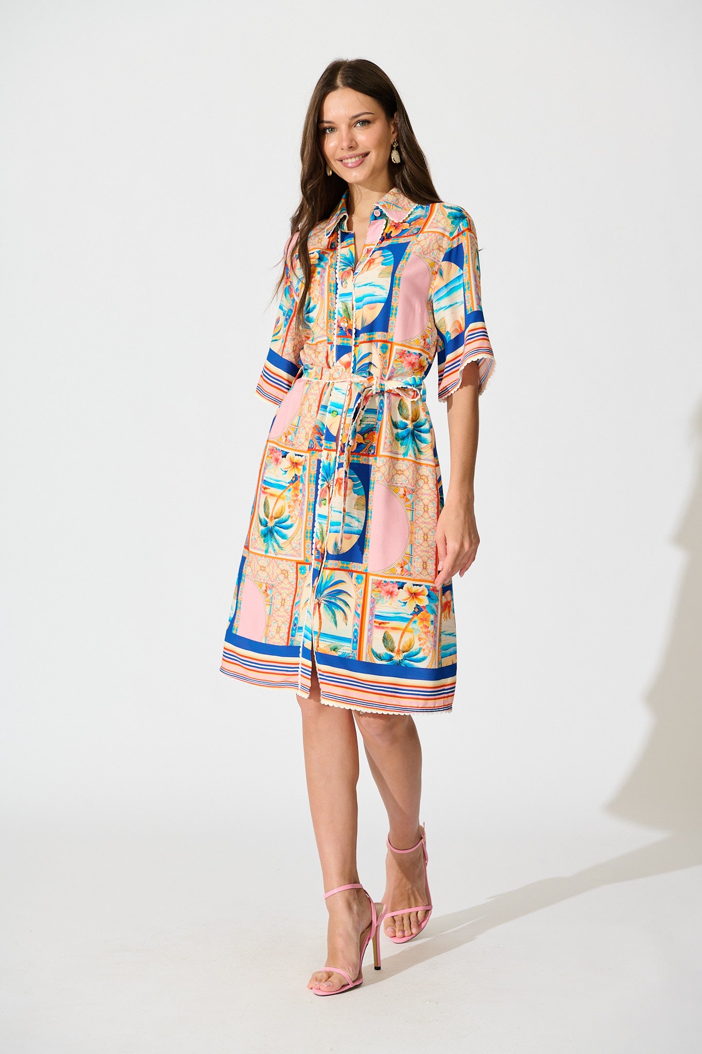 Kalya Shirt Dress in Multi Palm Print full length