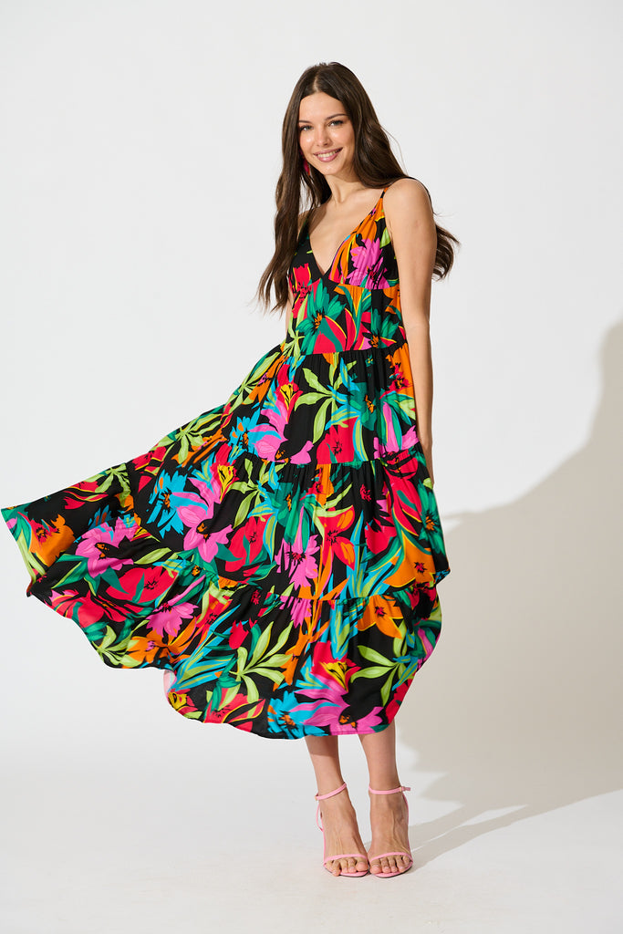 Evangelina Maxi Sundress In Black Multi Floral