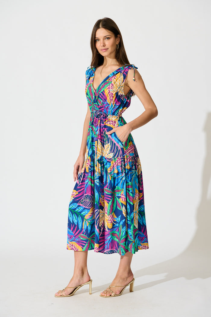 Amabelle Midi Dress in Blue Multi Print side