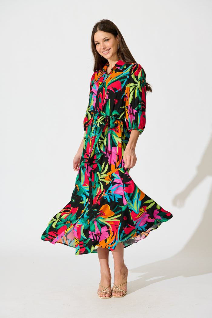 Coco Maxi Shirt Dress In Black Multi Floral