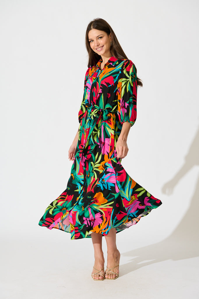 Coco Maxi Shirt Dress In Black Multi Floral