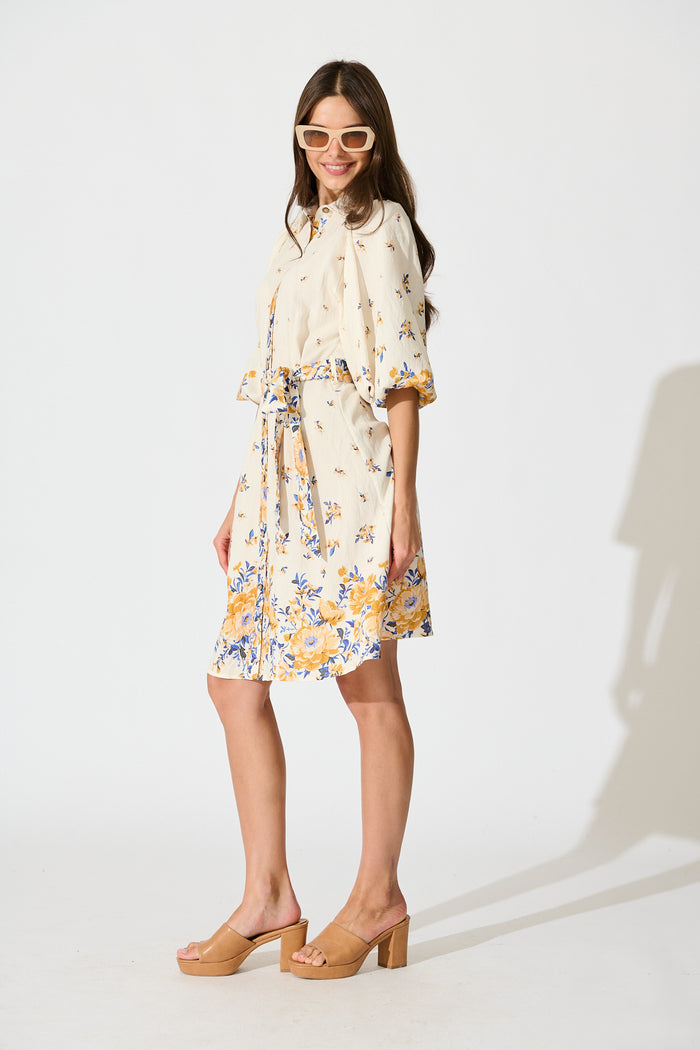 Robilyn Shirt Dress in Cream with Blue and Yellow Linen Blend full length