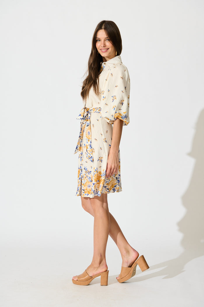 Robilyn Shirt Dress in Cream with Blue and Yellow Linen Blend side