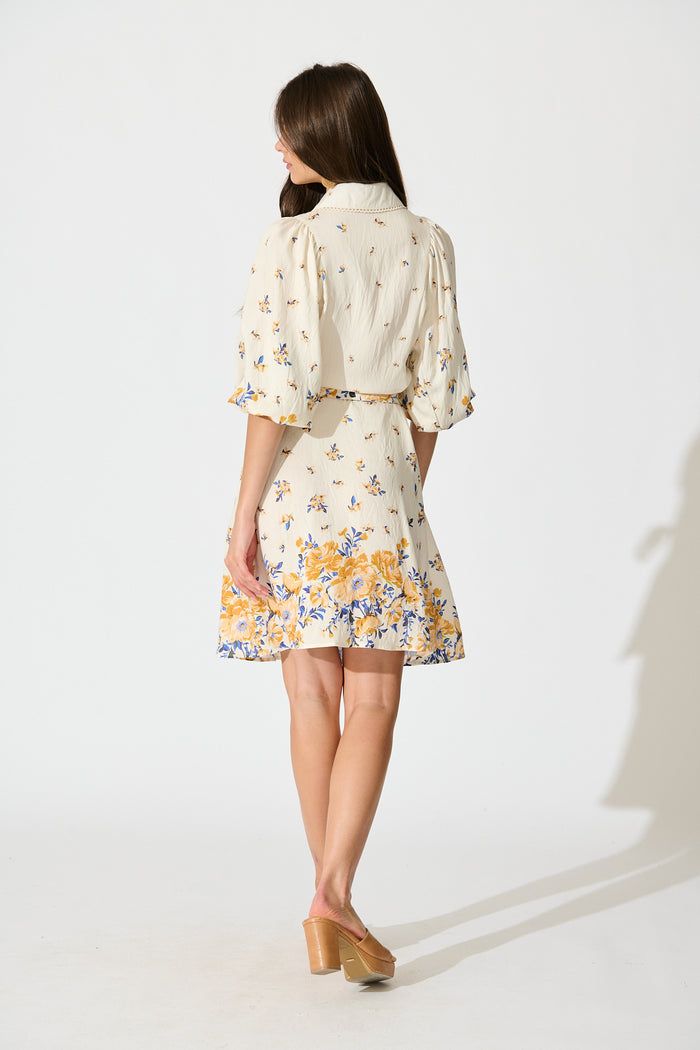 Robilyn Shirt Dress in Cream with Blue and Yellow Linen Blend back