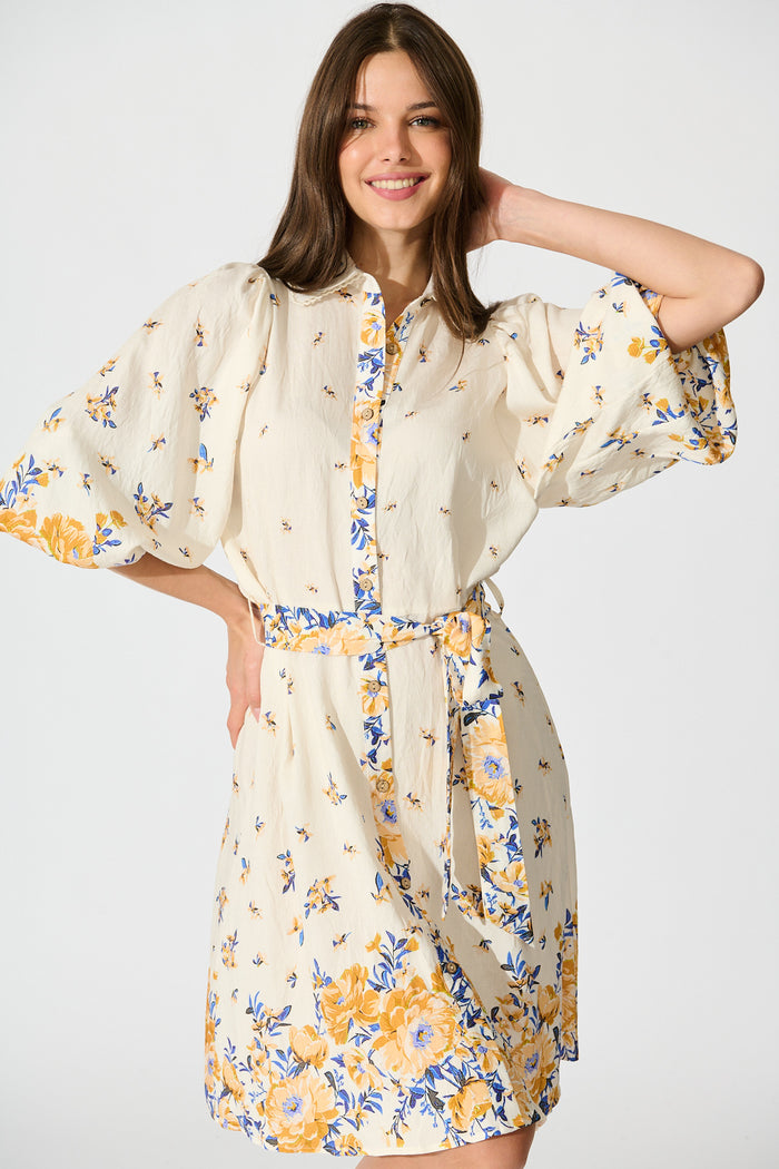 Robilyn Shirt Dress in Cream with Blue and Yellow Linen Blend front