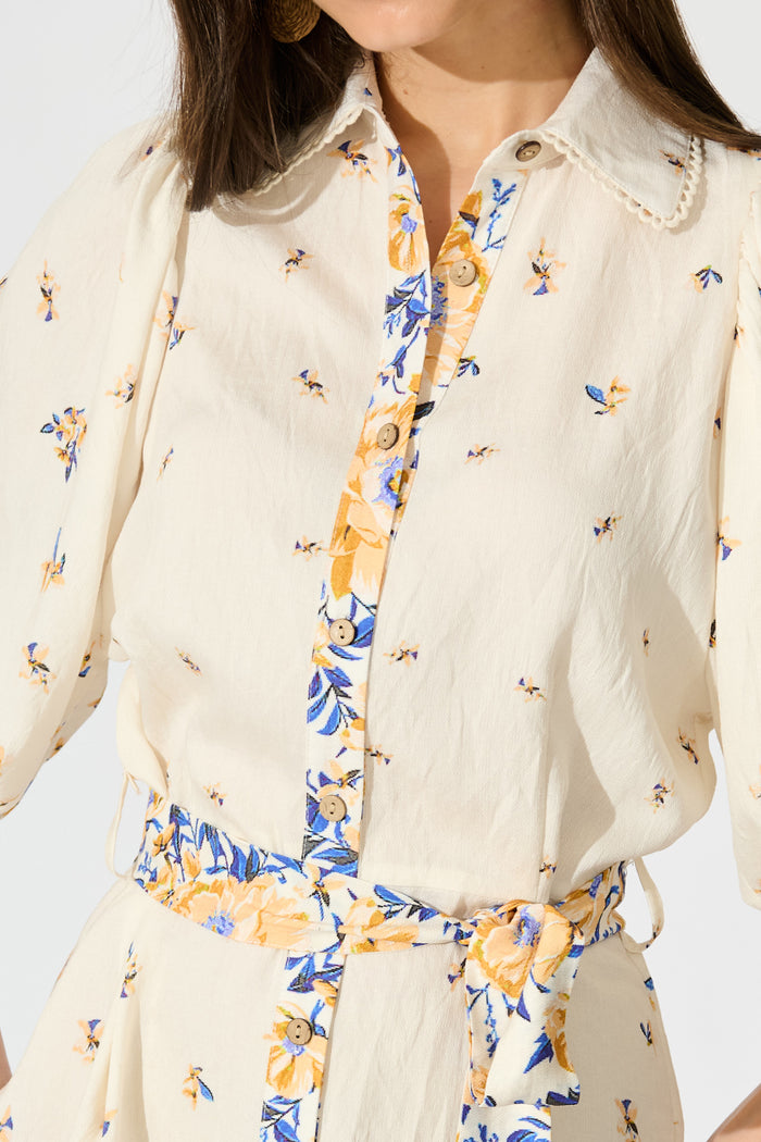 Robilyn Shirt Dress in Cream with Blue and Yellow Linen Blend detail