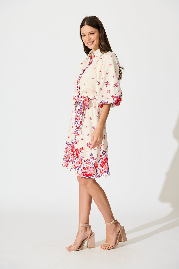 Robilyn Shirt Dress in White with Red and Purple Linen Blend side