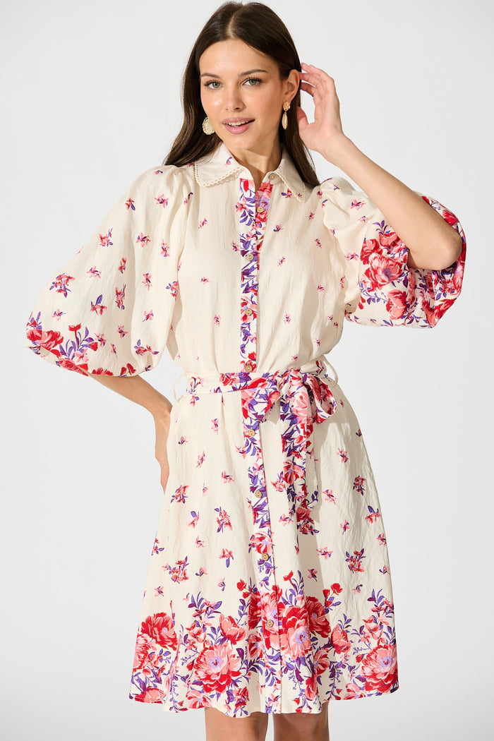 Robilyn Shirt Dress in White with Red and Purple Linen Blend front