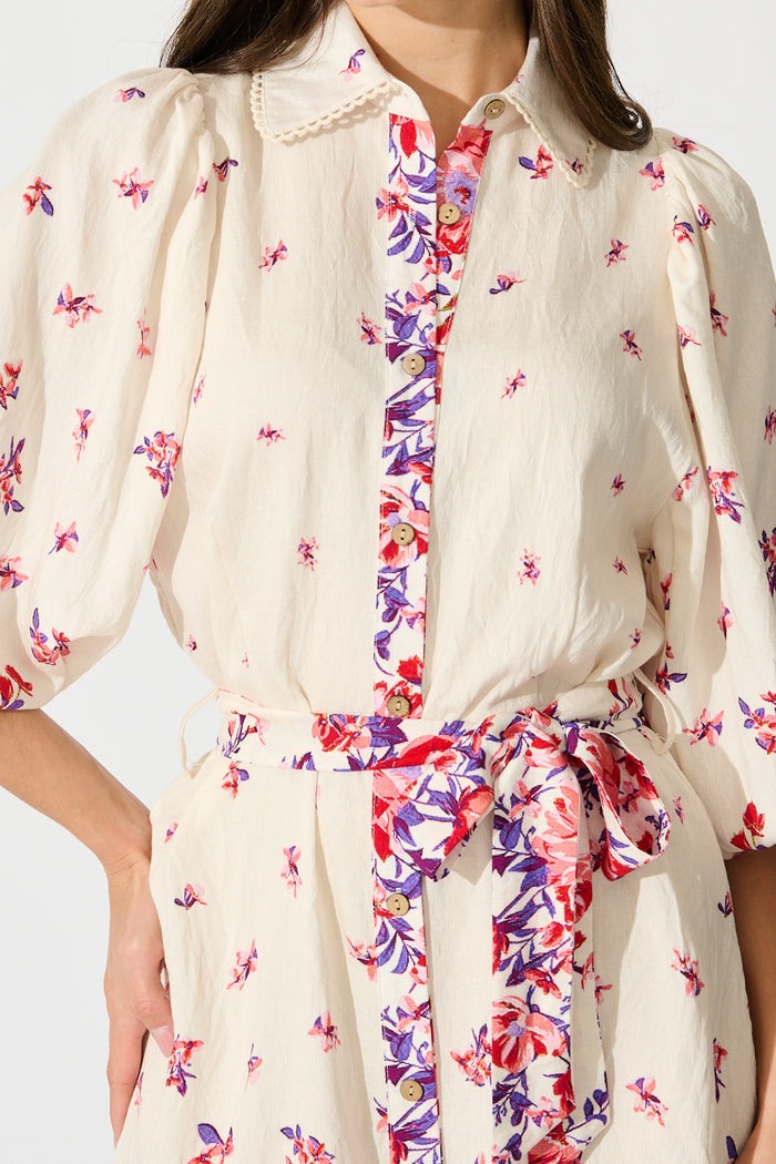 Robilyn Shirt Dress in White with Red and Purple Linen Blend detail