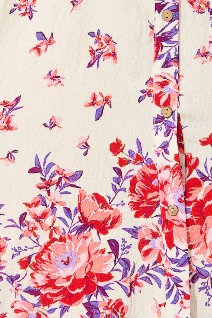 Robilyn Shirt Dress in White with Red and Purple Linen Blend fabric
