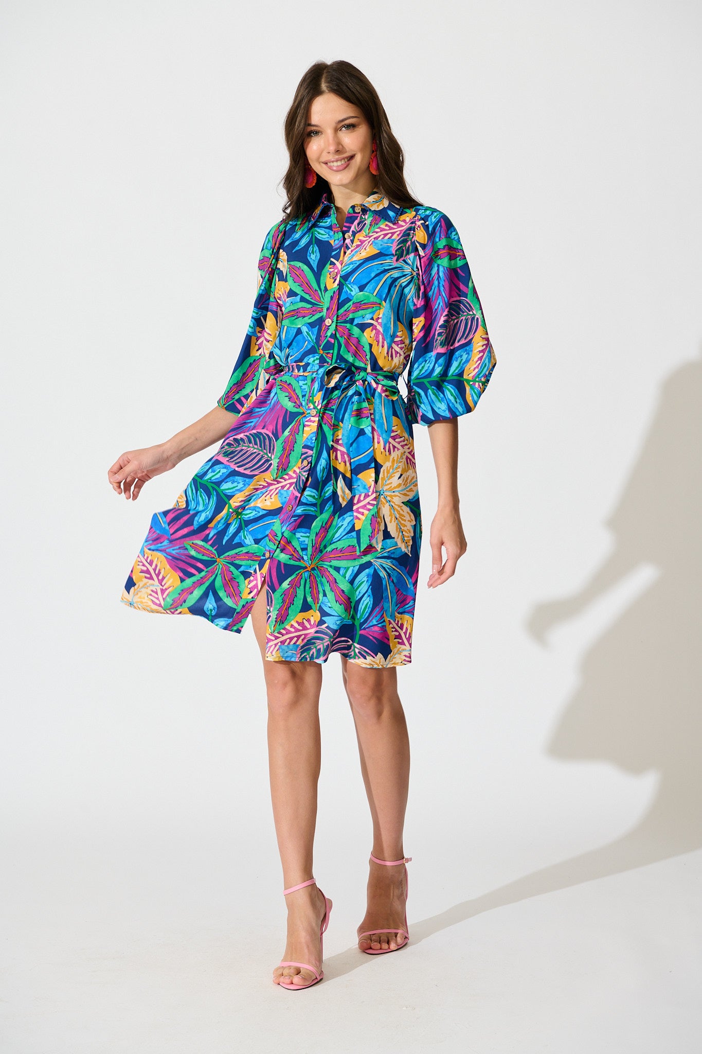 Robilyn Shirt Dress in Cream with Blue and Yellow Linen Blend