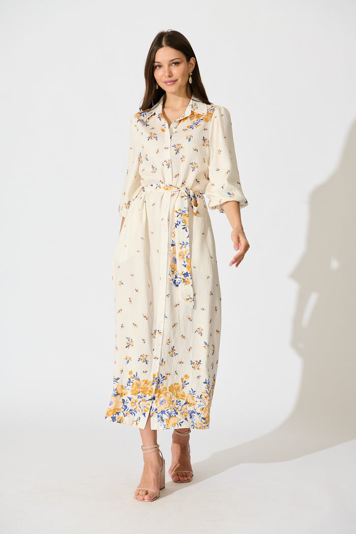 Bellie Maxi Shirt Dress in Cream with Blue and Yellow Linen Blend full length
