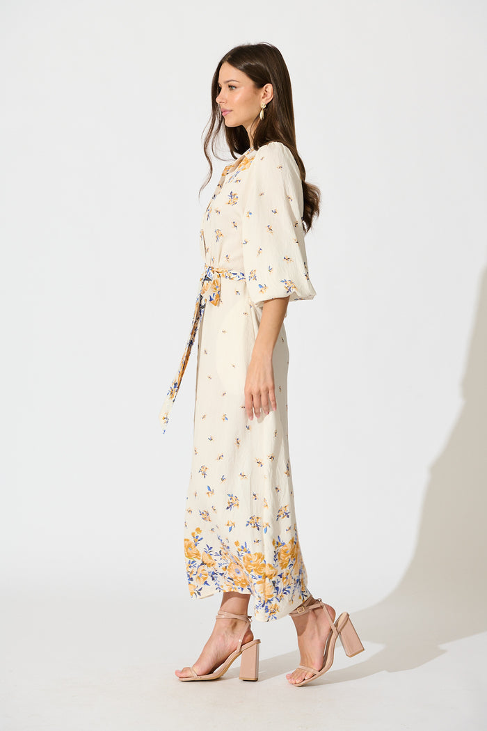 Bellie Maxi Shirt Dress in Cream with Blue and Yellow Linen Blend side