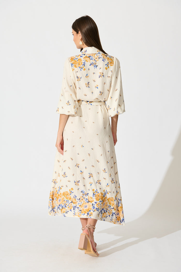 Bellie Maxi Shirt Dress in Cream with Blue and Yellow Linen Blend back