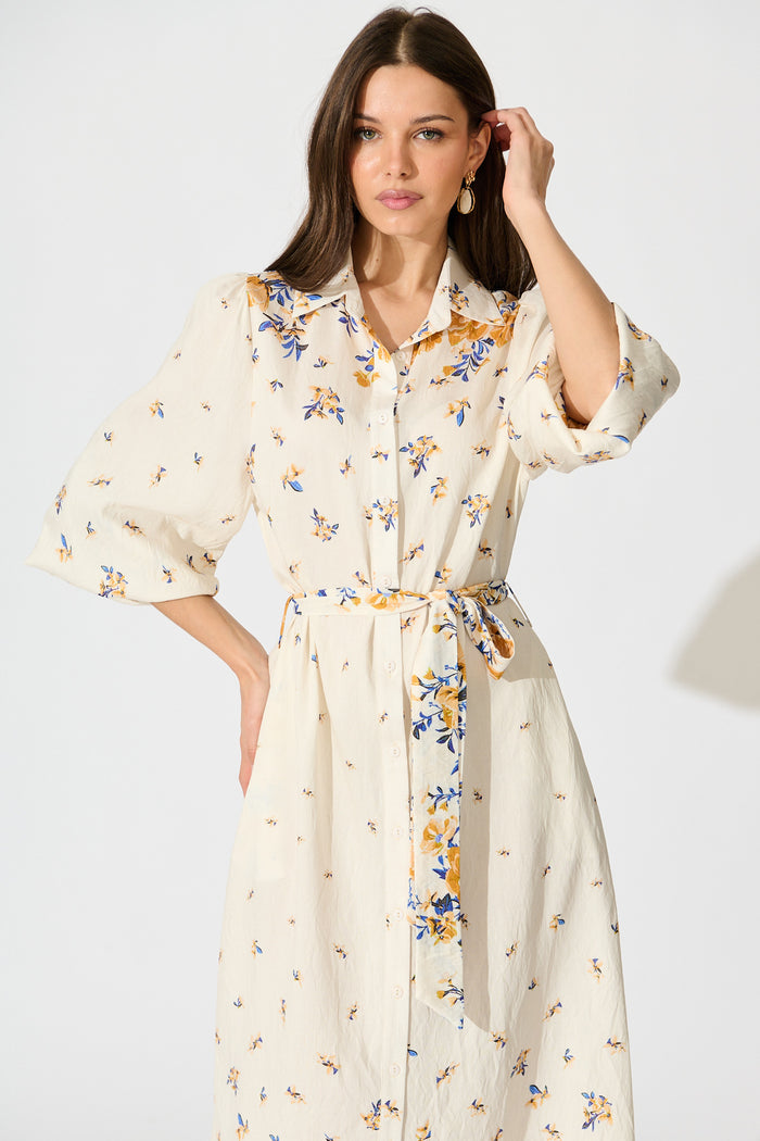 Bellie Maxi Shirt Dress in Cream with Blue and Yellow Linen Blend front