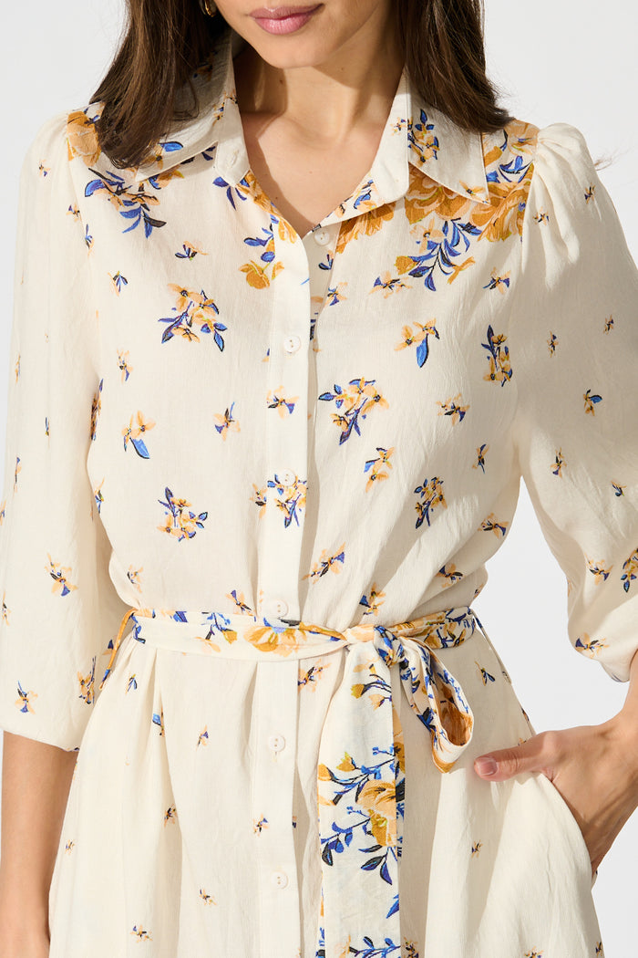 Bellie Maxi Shirt Dress in Cream with Blue and Yellow Linen Blend detail