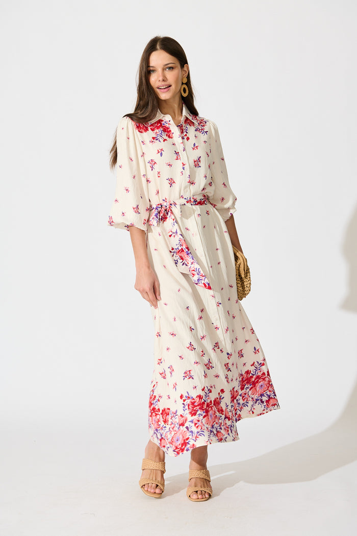 Bellie Maxi Shirt Dress in Cream with Red and Purple Linen Blend full length