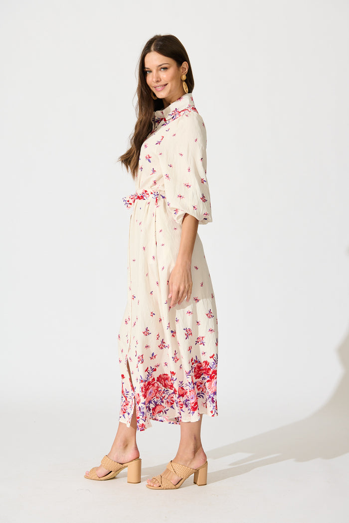 Bellie Maxi Shirt Dress in Cream with Red and Purple Linen Blend side