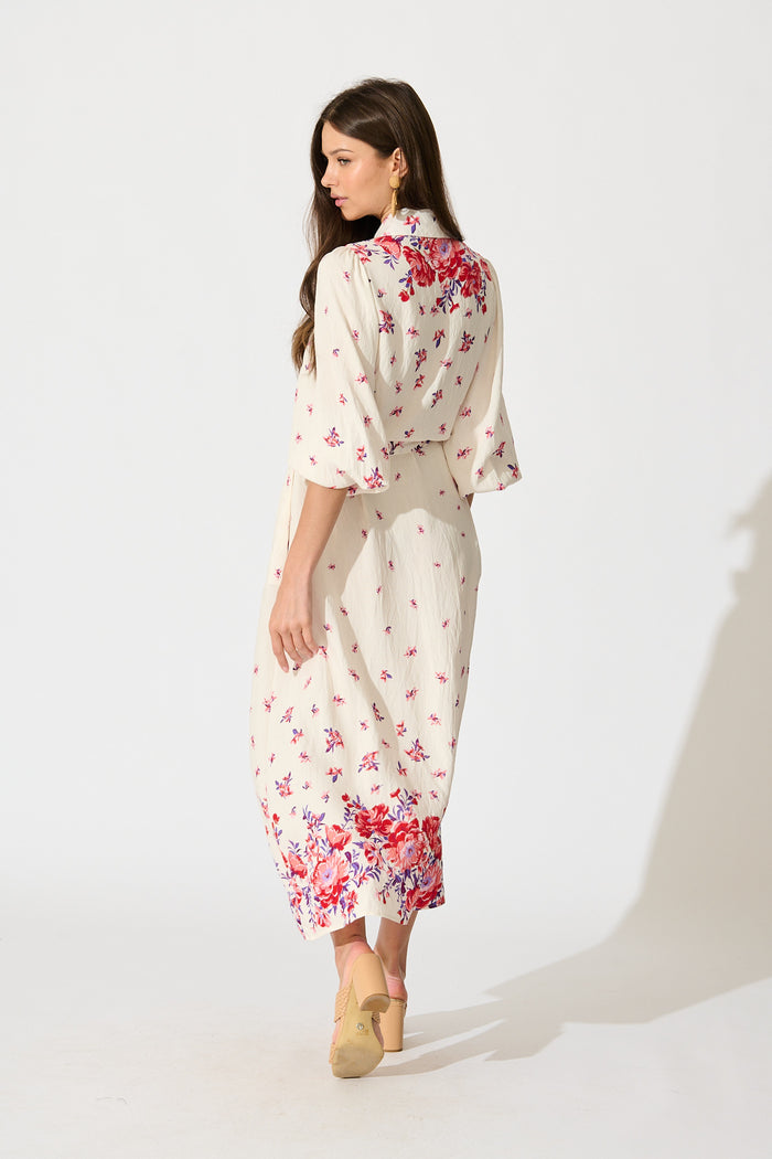Bellie Maxi Shirt Dress in Cream with Red and Purple Linen Blend back