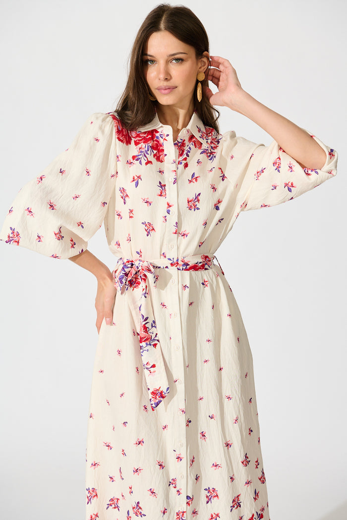 Bellie Maxi Shirt Dress in Cream with Red and Purple Linen Blend front
