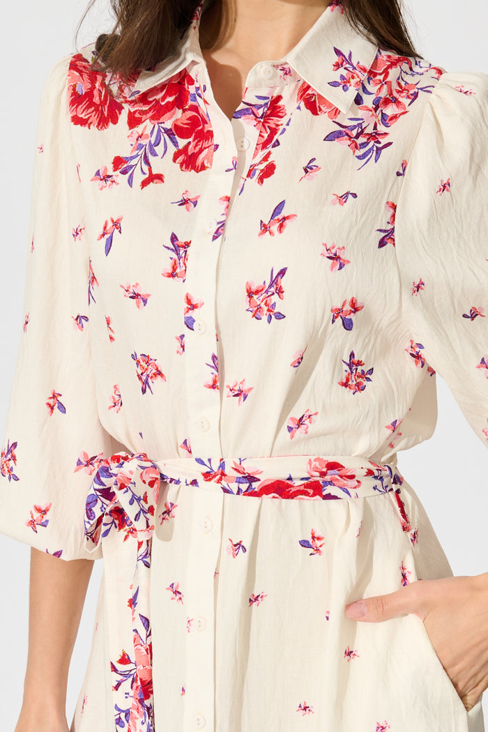 Bellie Maxi Shirt Dress in Cream with Red and Purple Linen Blend detail