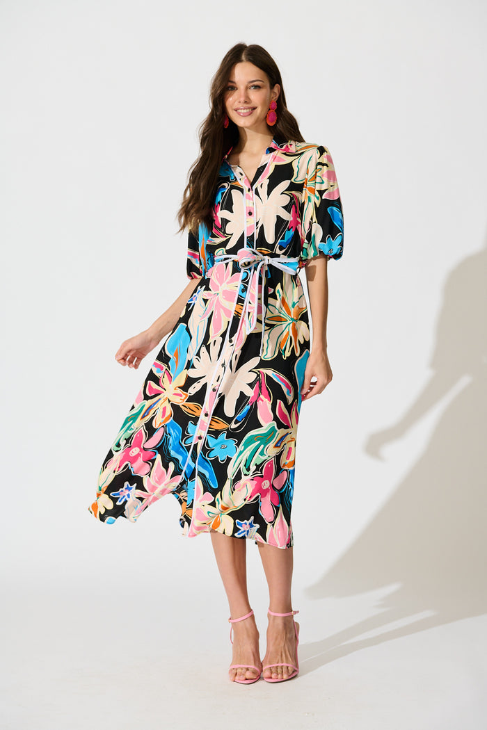 Libra Midi Shirt Dress in Black Multi Floral