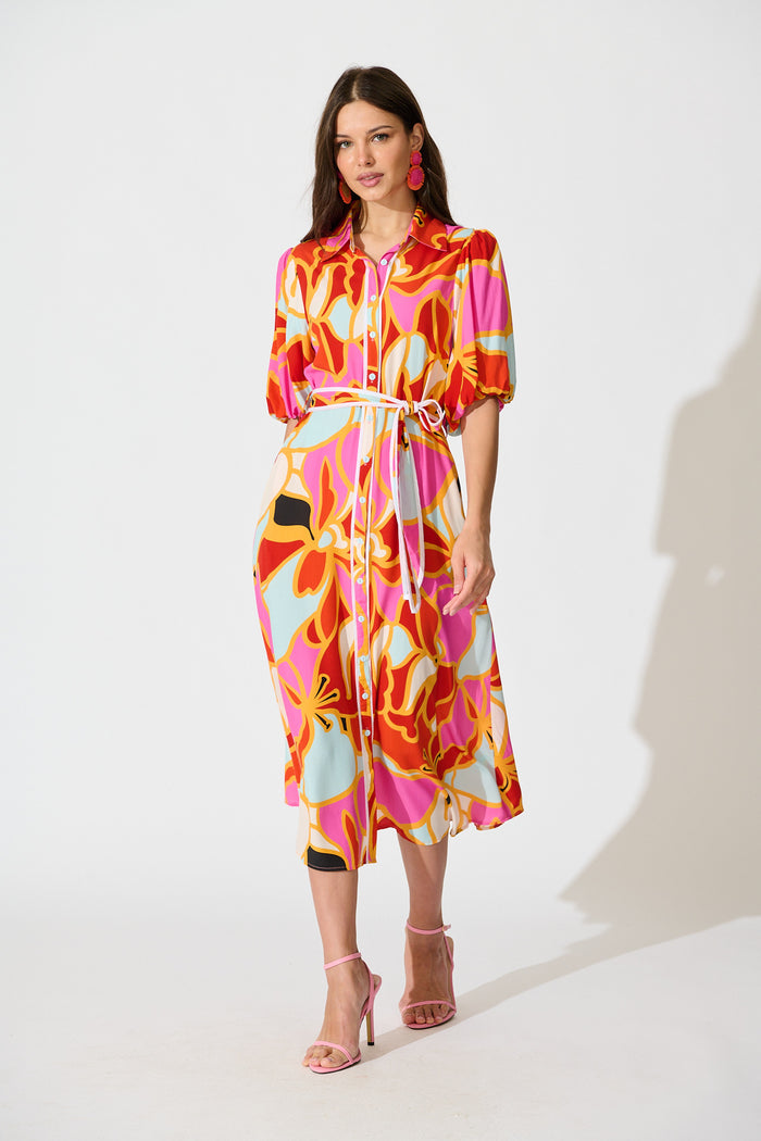 Libra Midi Shirt Dress in Tangerine Multi Floral full length