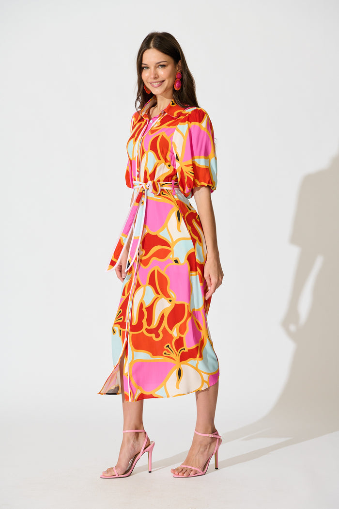 Libra Midi Shirt Dress in Tangerine Multi Floral side