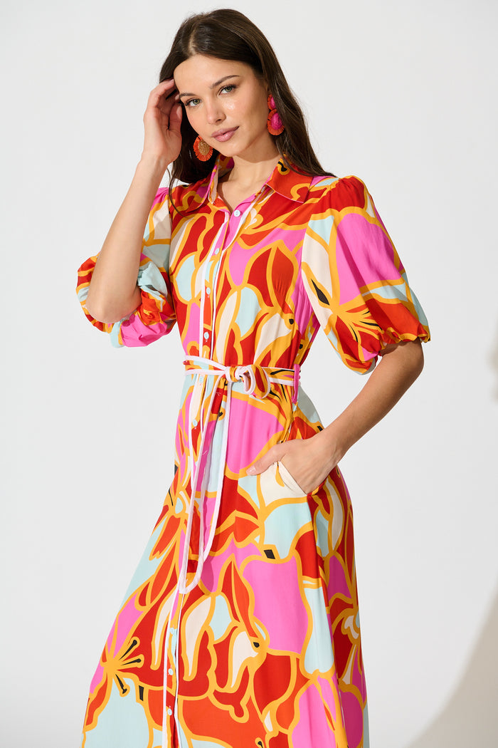 Libra Midi Shirt Dress in Tangerine Multi Floral front