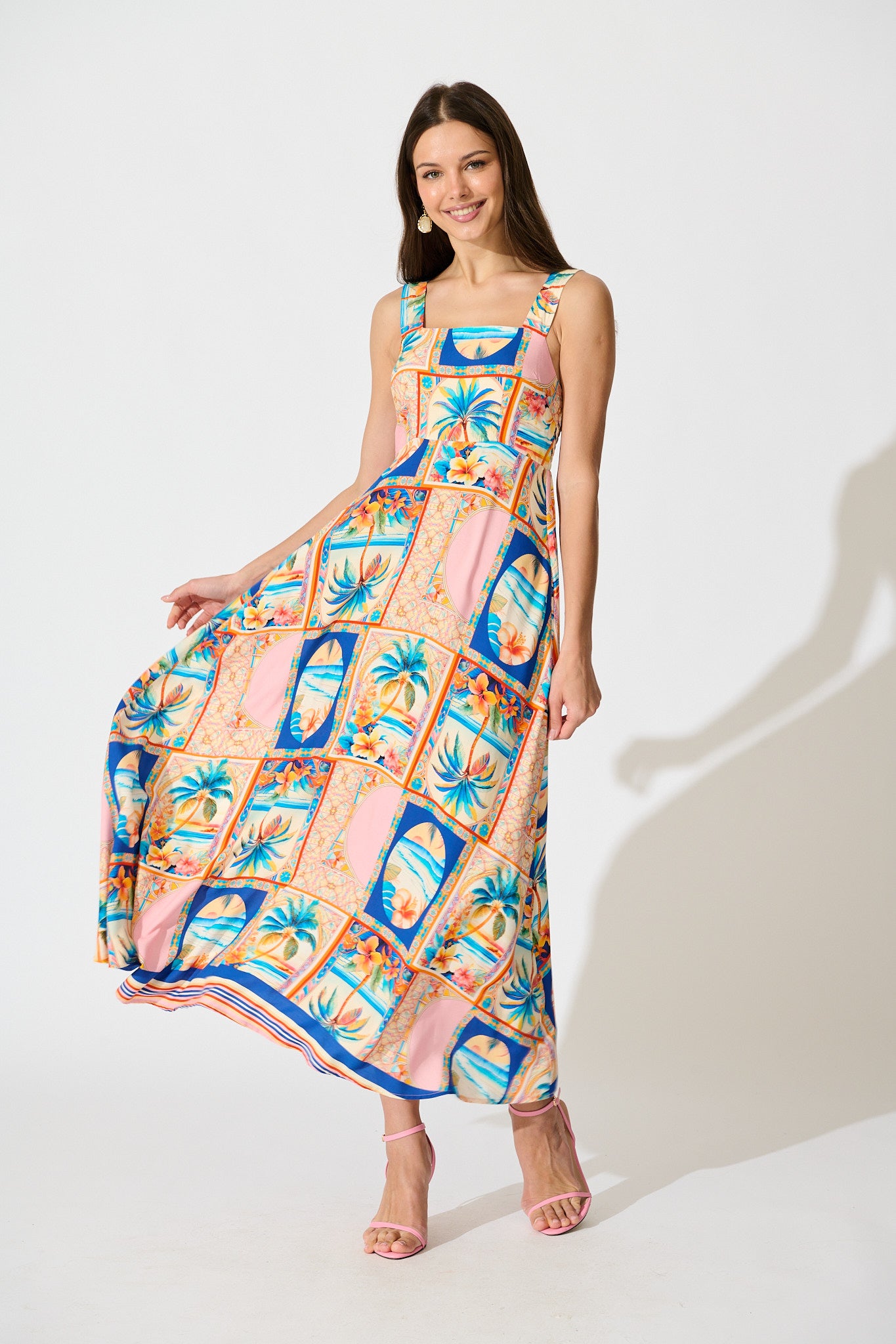 Vietta Midi Sundress in Multi Palm Print full length