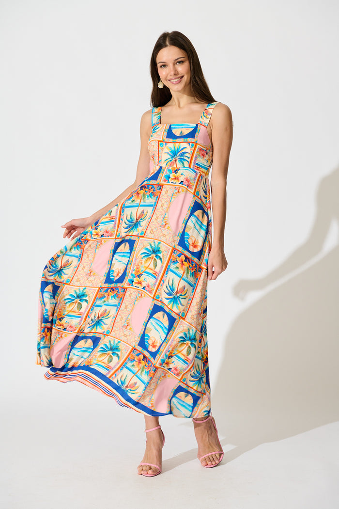 Vietta Midi Sundress in Multi Palm Print full length