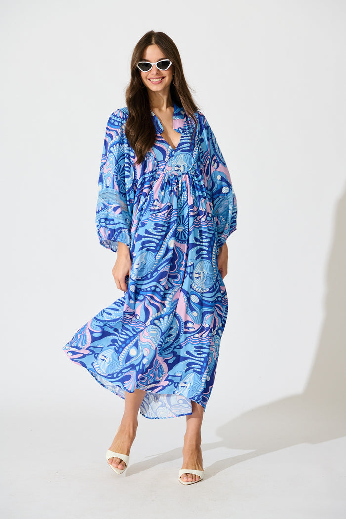 Flore Midi Smock Dress in Multi Blue Print full length
