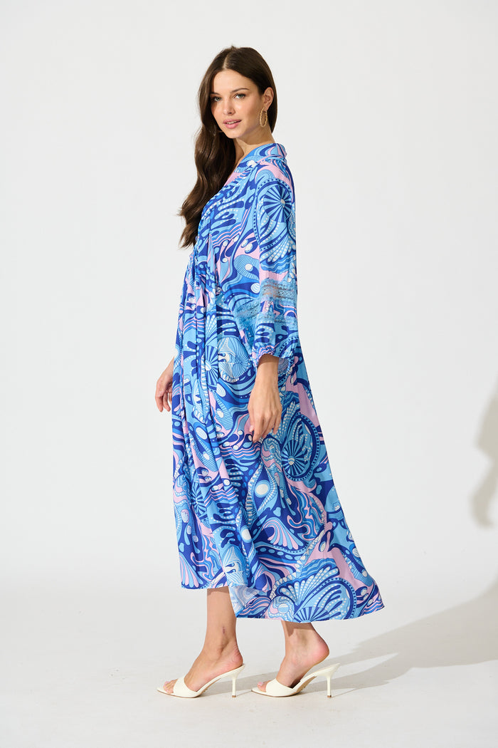 Flore Midi Smock Dress in Multi Blue Print side