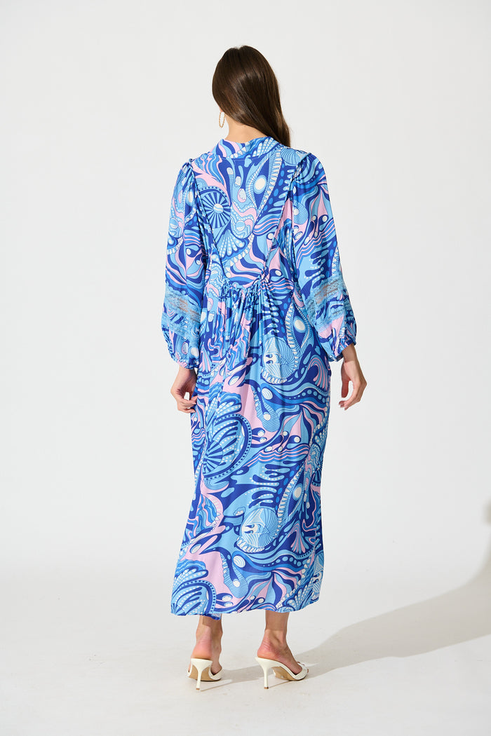 Flore Midi Smock Dress in Multi Blue Print back