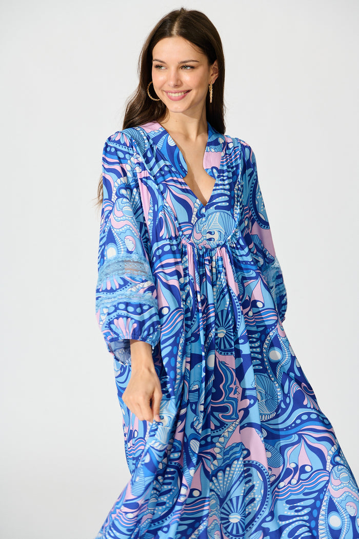 Flore Midi Smock Dress in Multi Blue Print front