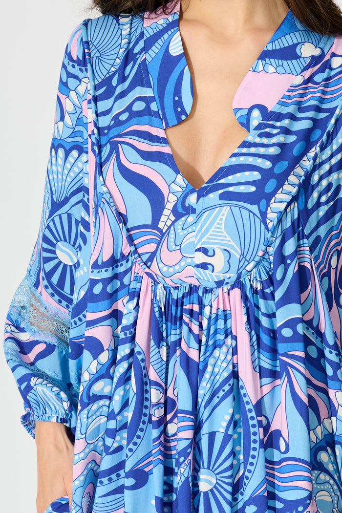 Flore Midi Smock Dress in Multi Blue Print detail