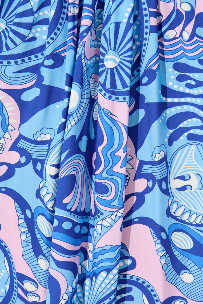 Flore Midi Smock Dress in Multi Blue Print fabric