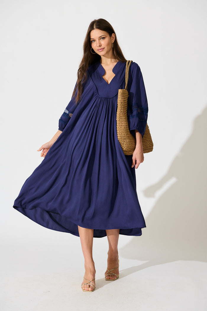 Flore Midi Smock Dress in Navy full length