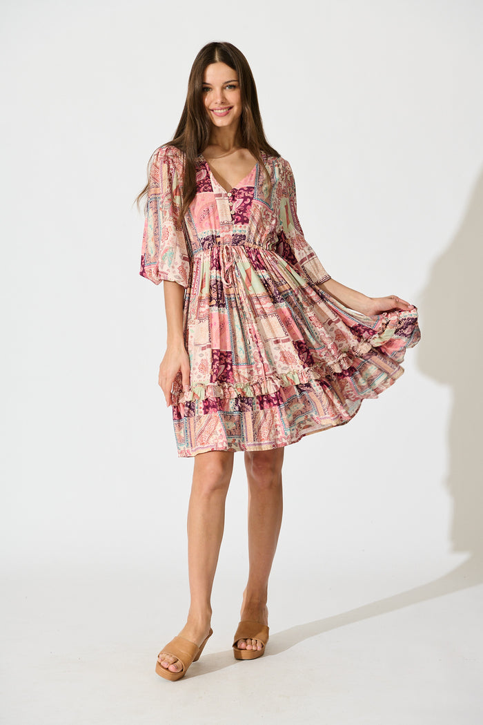 Lotty Dress in Pink with Multi Patchwork Print full length