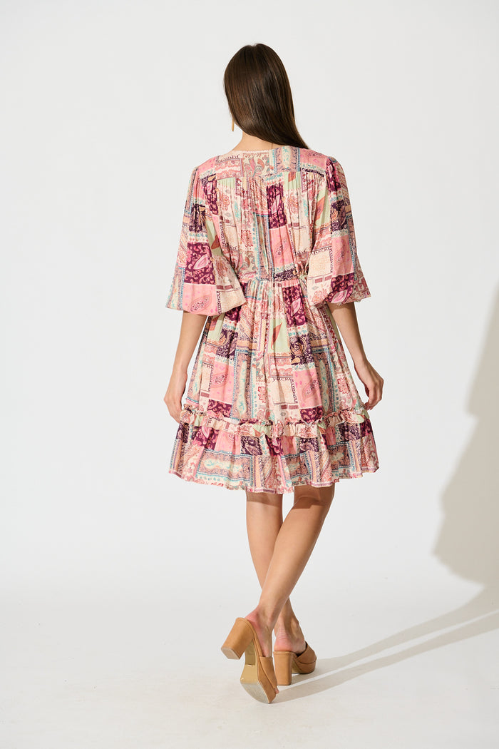 Lotty Dress in Pink with Multi Patchwork Print back