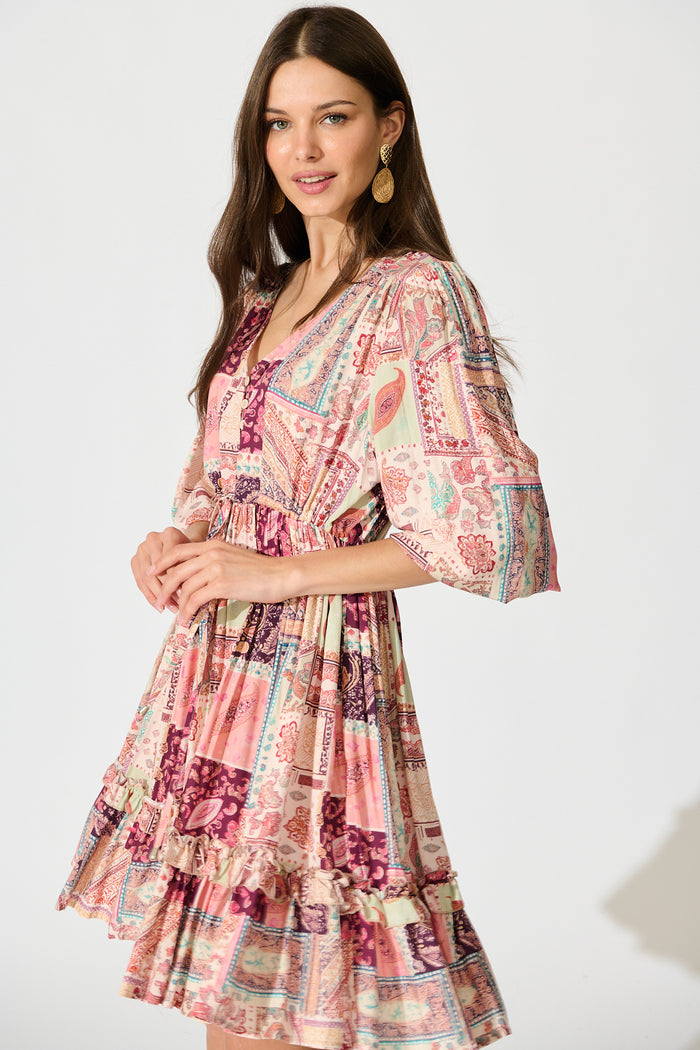 Lotty Dress in Pink with Multi Patchwork Print front