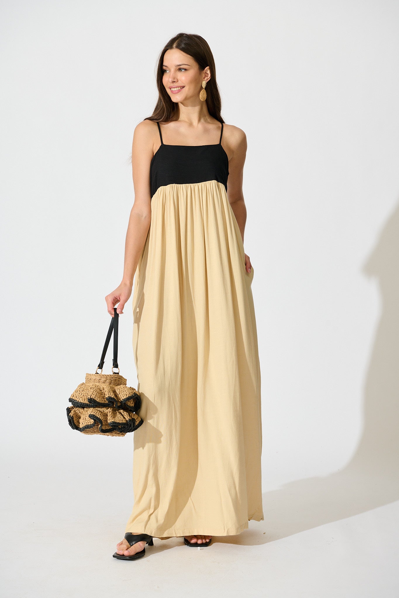 Talowe Maxi Sundress in Black and Beige Linen Blend