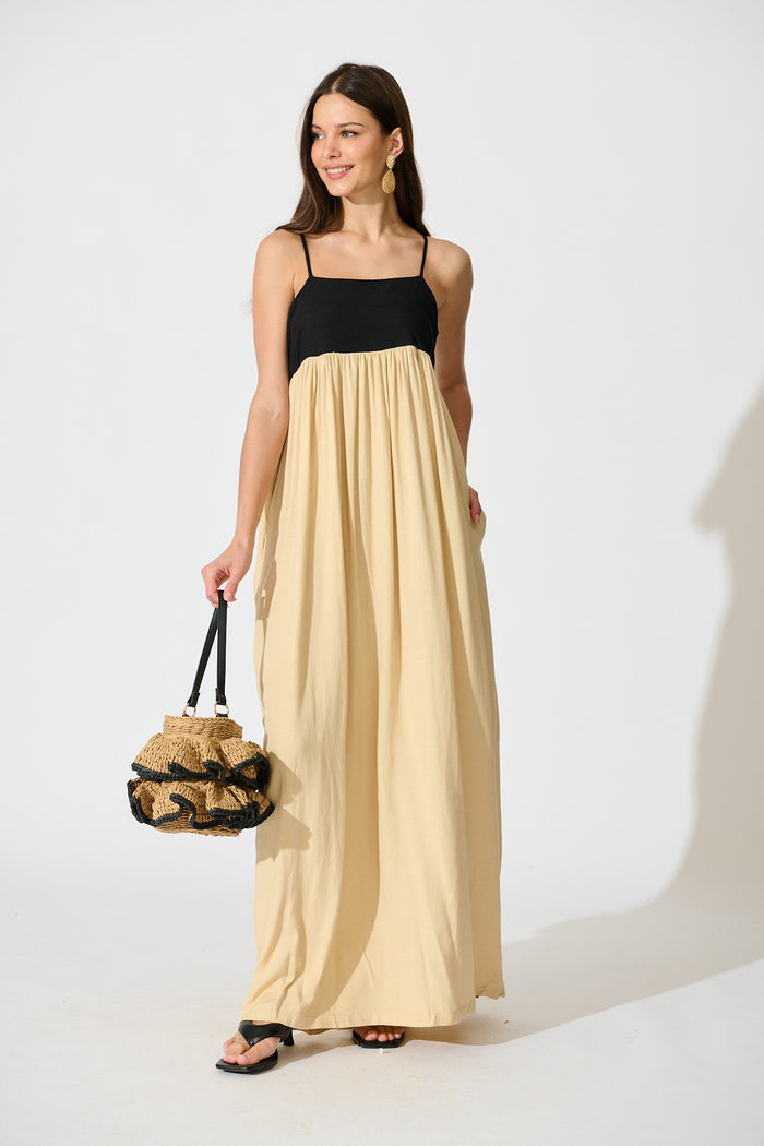Talowe Maxi Sundress in Black and Beige Linen Blend full length