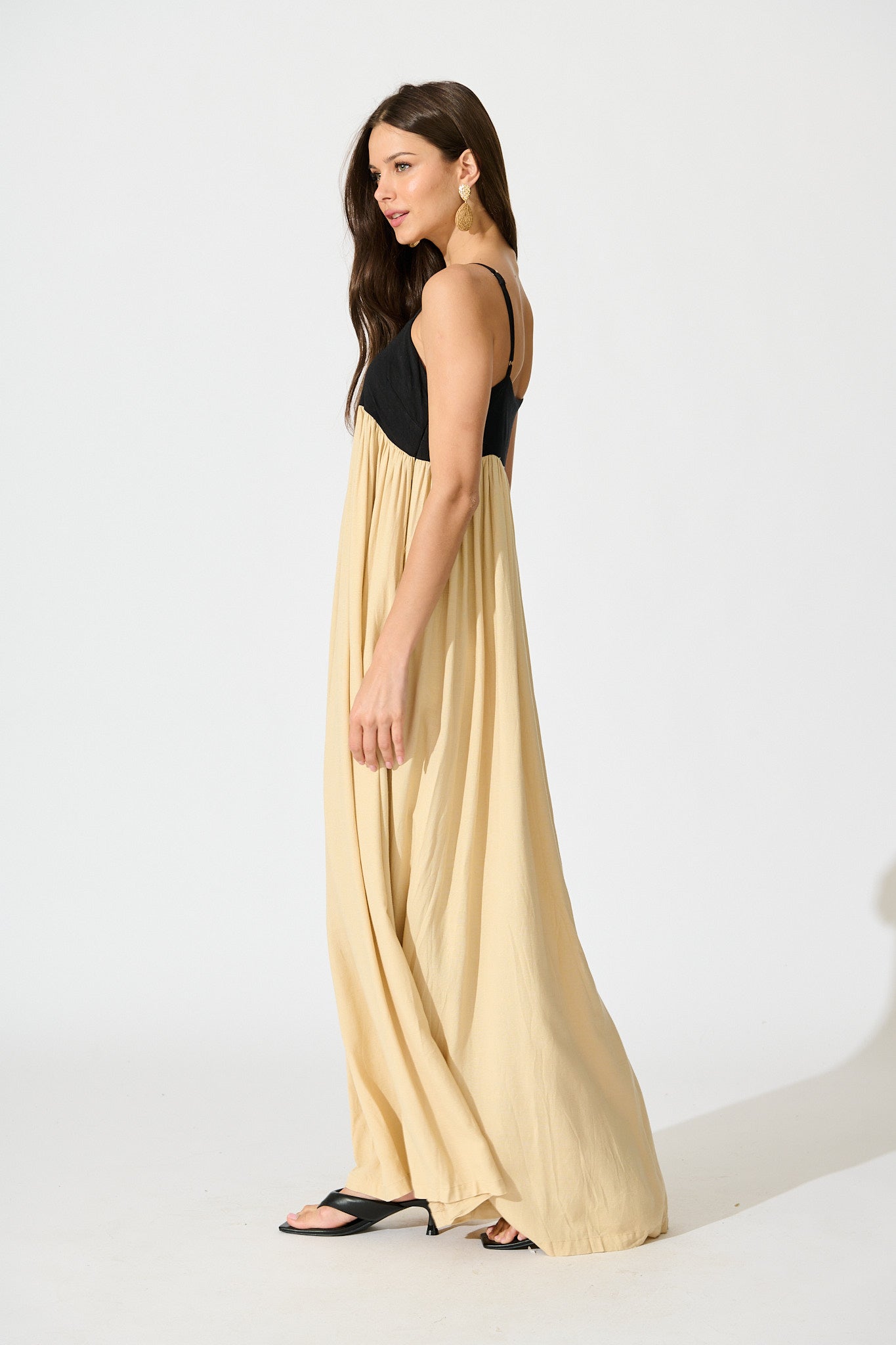 Talowe Maxi Sundress in Black and Beige Linen Blend