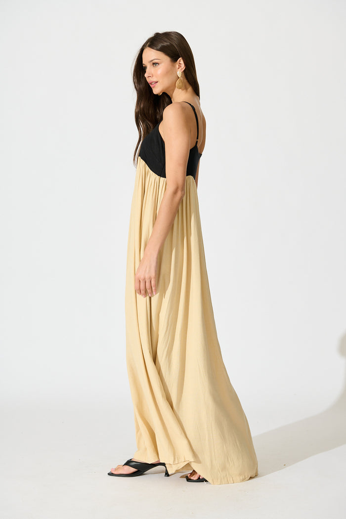 Talowe Maxi Sundress in Black and Beige Linen Blend side