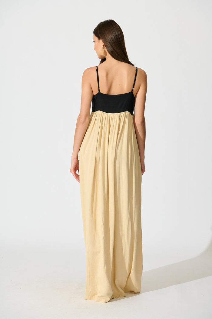 Talowe Maxi Sundress in Black and Beige Linen Blend back