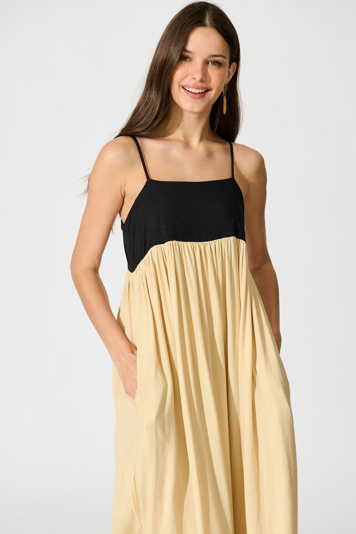 Talowe Maxi Sundress in Black and Beige Linen Blend front