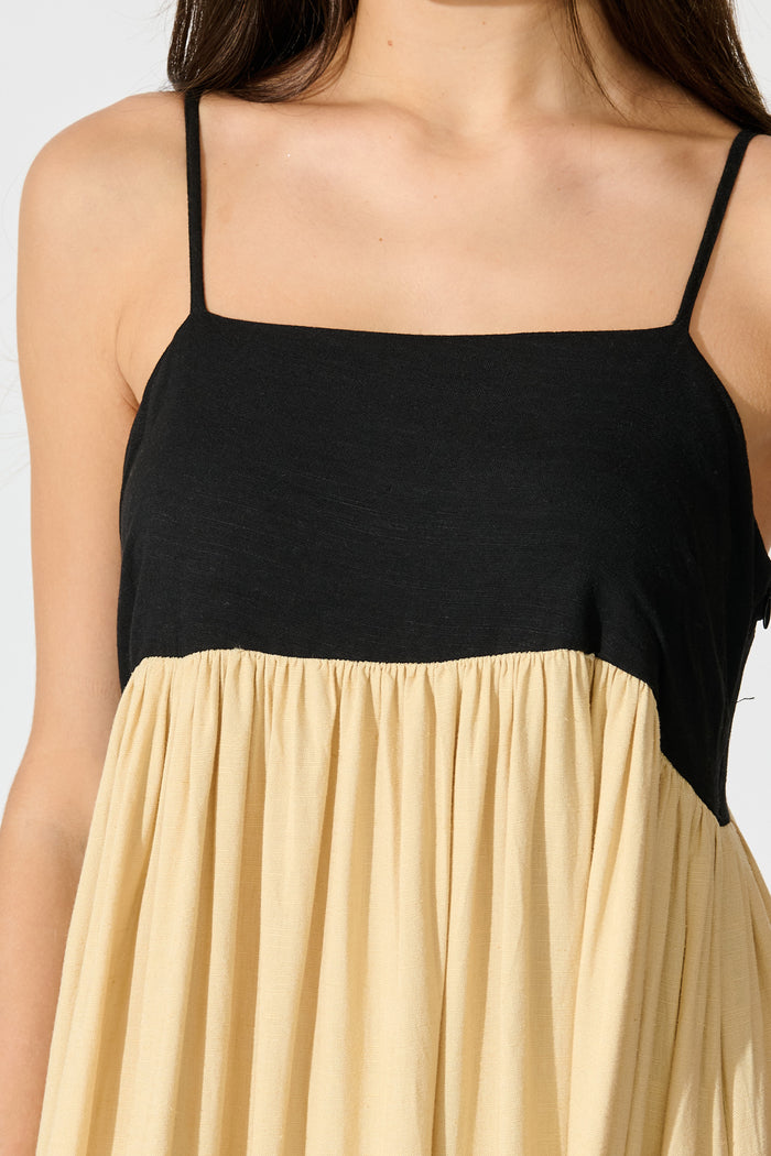 Talowe Maxi Sundress in Black and Beige Linen Blend detail