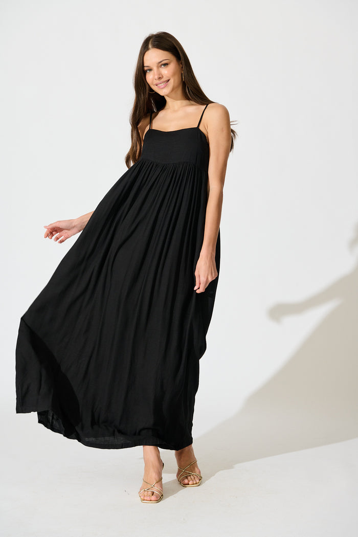 Talowe Maxi Sundress in Black Linen Blend full length